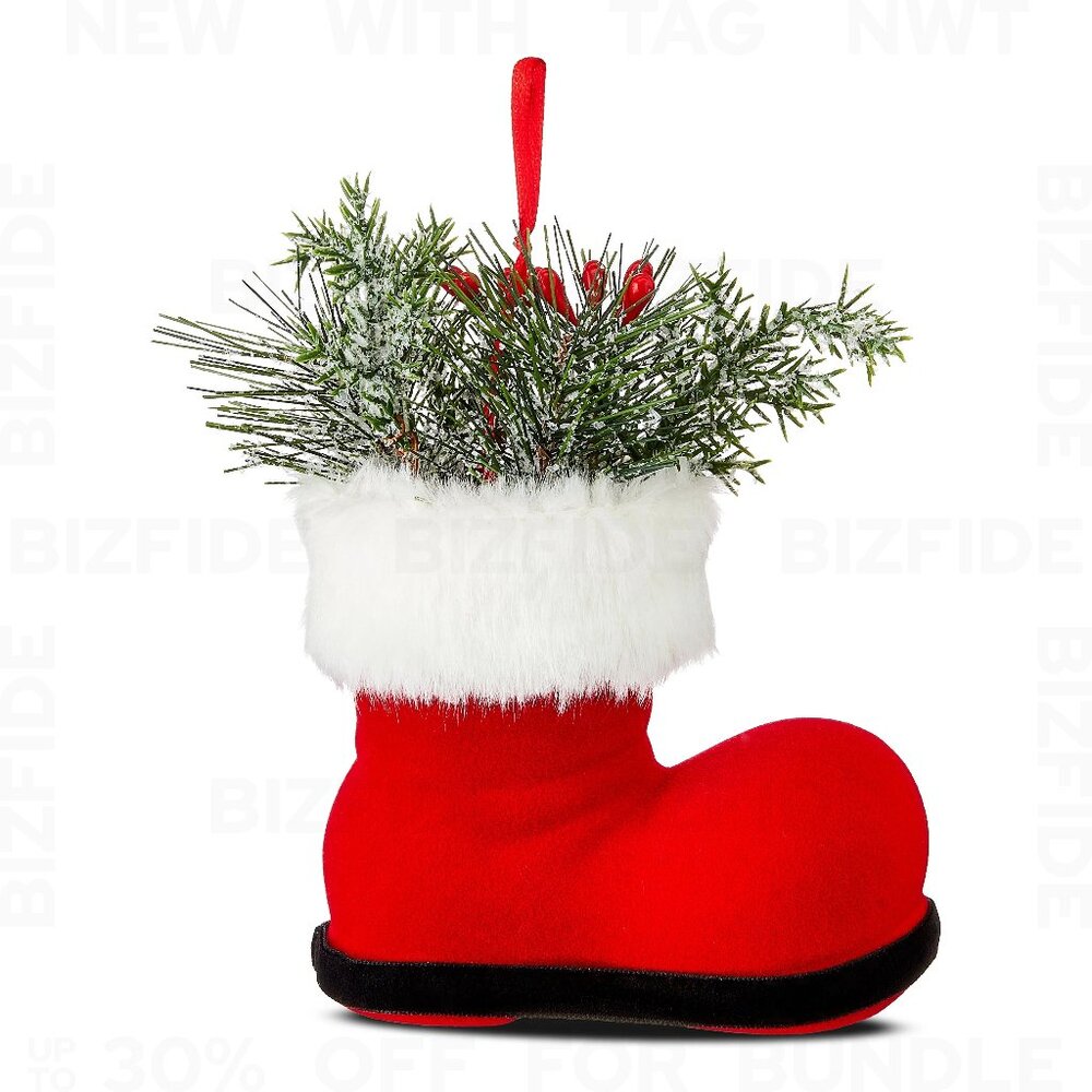Floral Santa Boot Christmas Ornament With Realistic Greenery & Snow